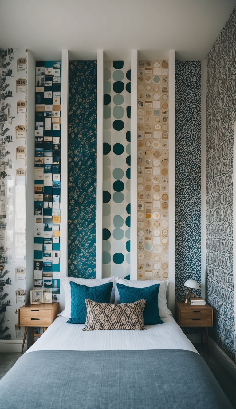 A bedroom with 15 different styles of wallpaper displayed on the walls