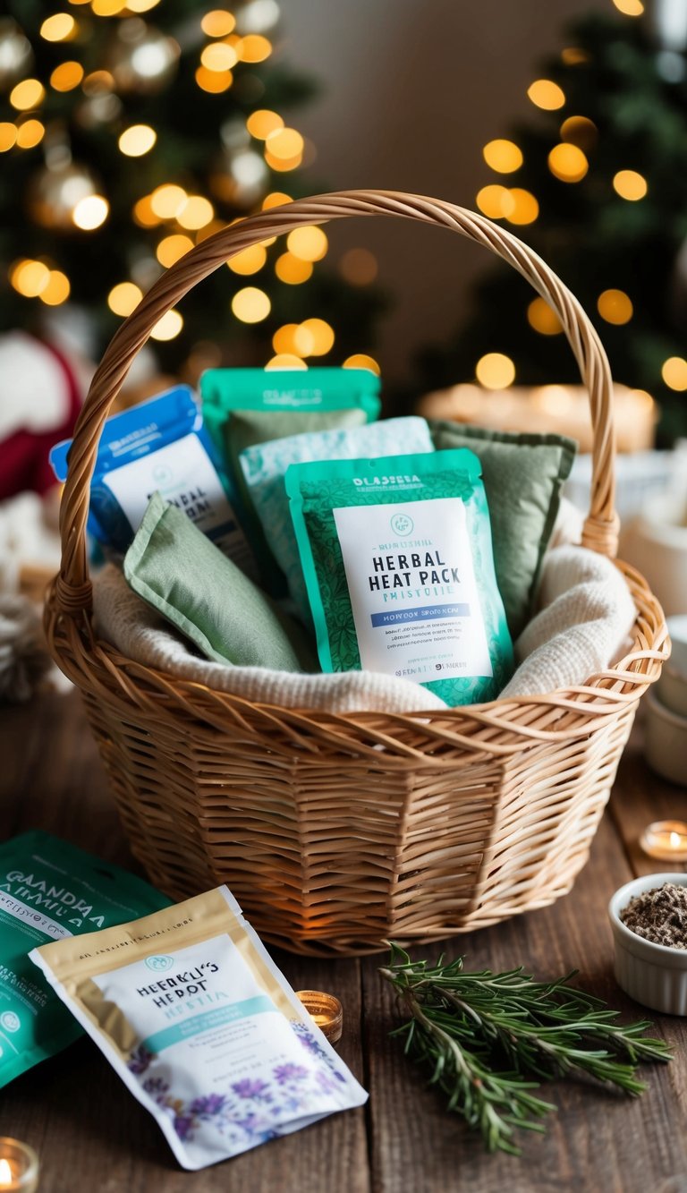 A cozy scene with a basket filled with herbal heat packs, surrounded by various items for a grandma's gift