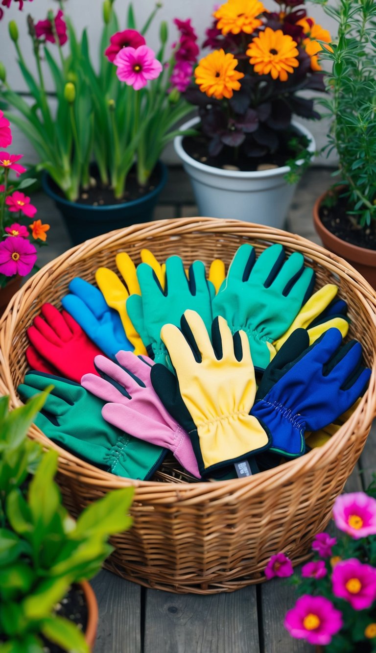 A collection of colorful gardening gloves arranged in a wicker basket, surrounded by vibrant flowers and potted plants