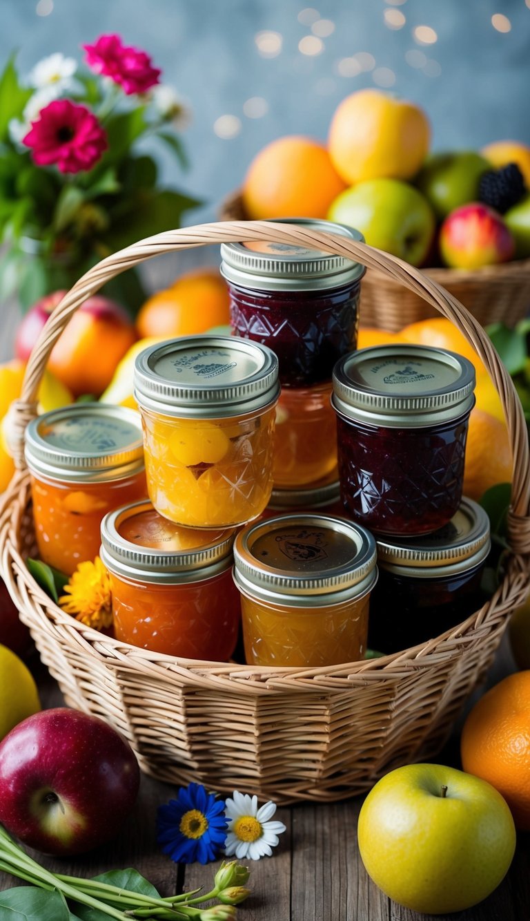 A wicker basket filled with an assortment of colorful jars of fruit preserves, surrounded by fresh fruits and flowers