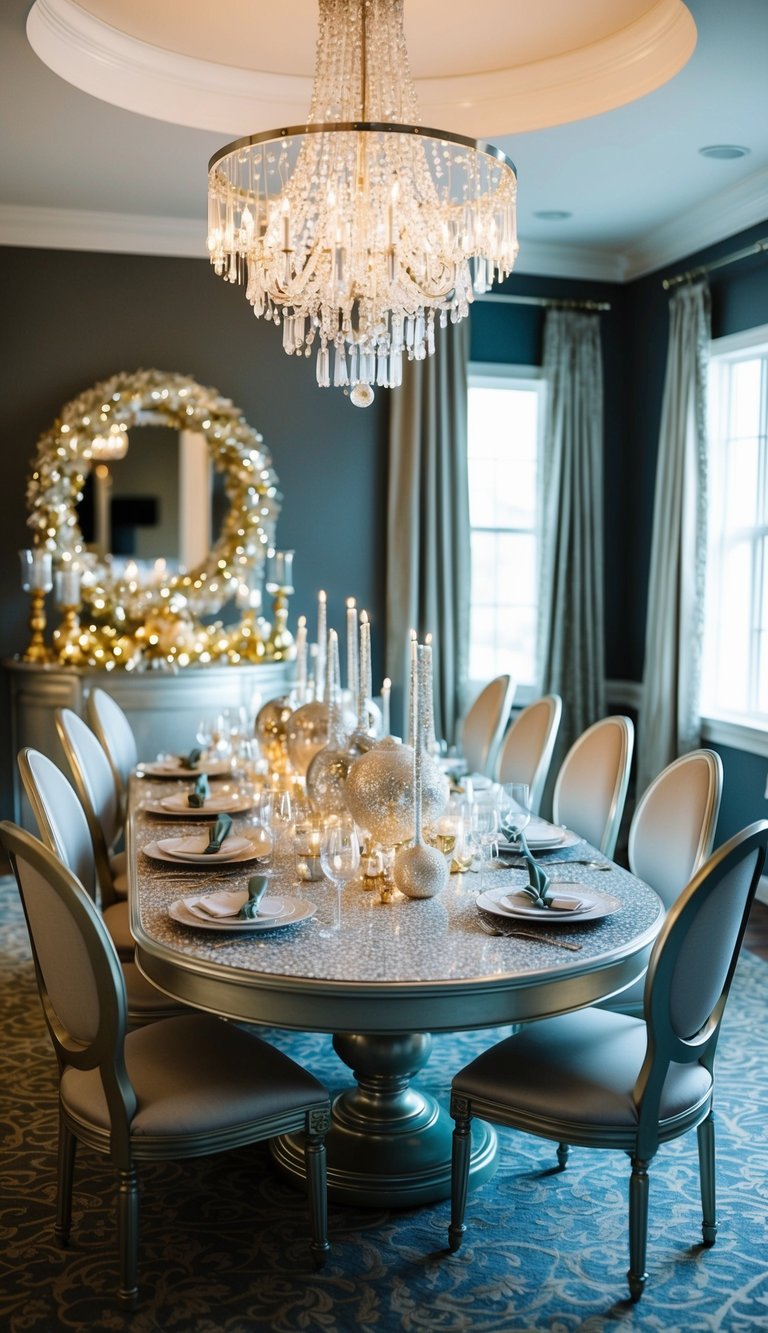 A dining room table adorned with glittering silver and gold decorations, surrounded by elegant chairs and festive centerpieces, with a sparkling chandelier overhead