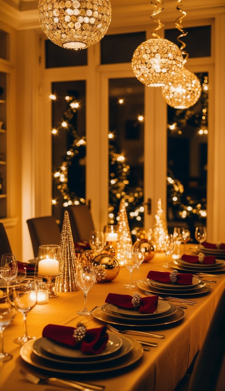 The dining room is bathed in warm, golden light, with shimmering decorations and sparkling accents creating a festive atmosphere for the New Year's celebration