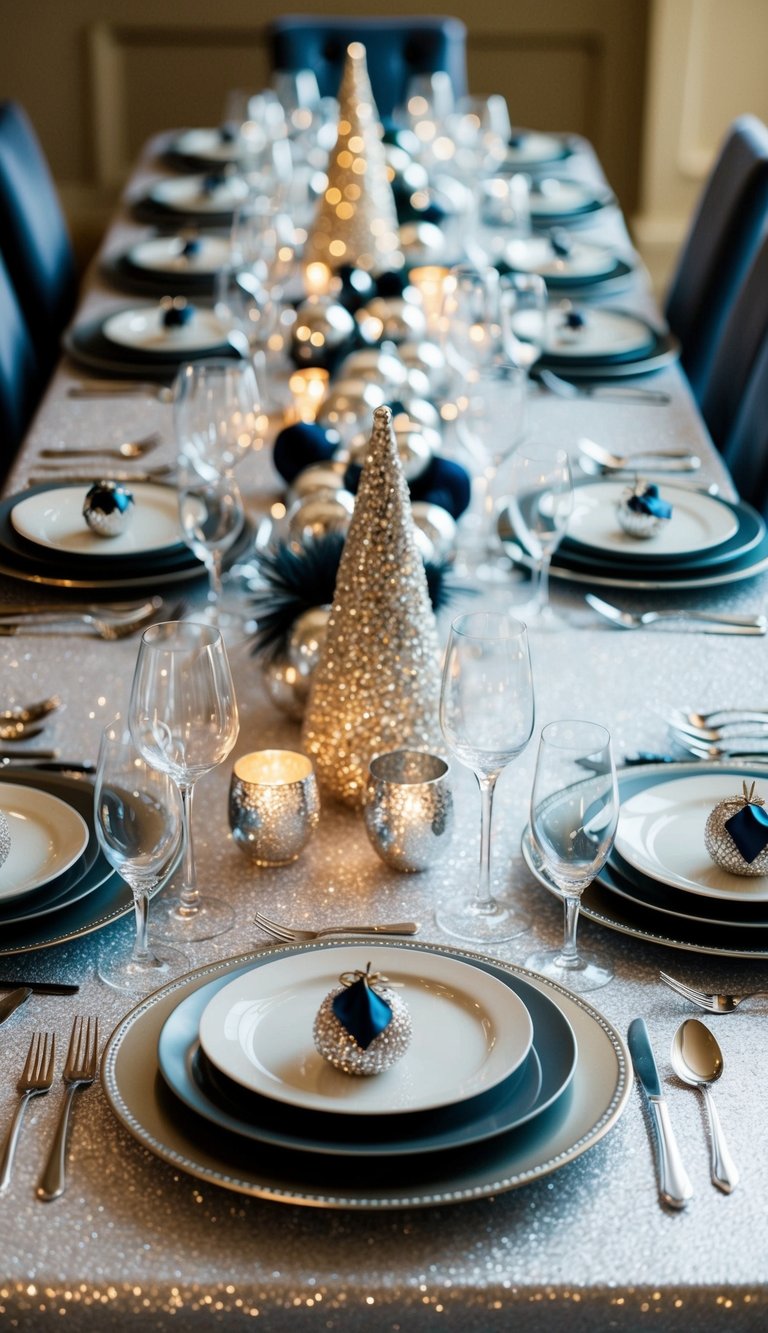 A dining table adorned with elegant silverware, sparkling glassware, festive centerpieces, and a shimmering tablecloth, set for a glamorous New Year's celebration