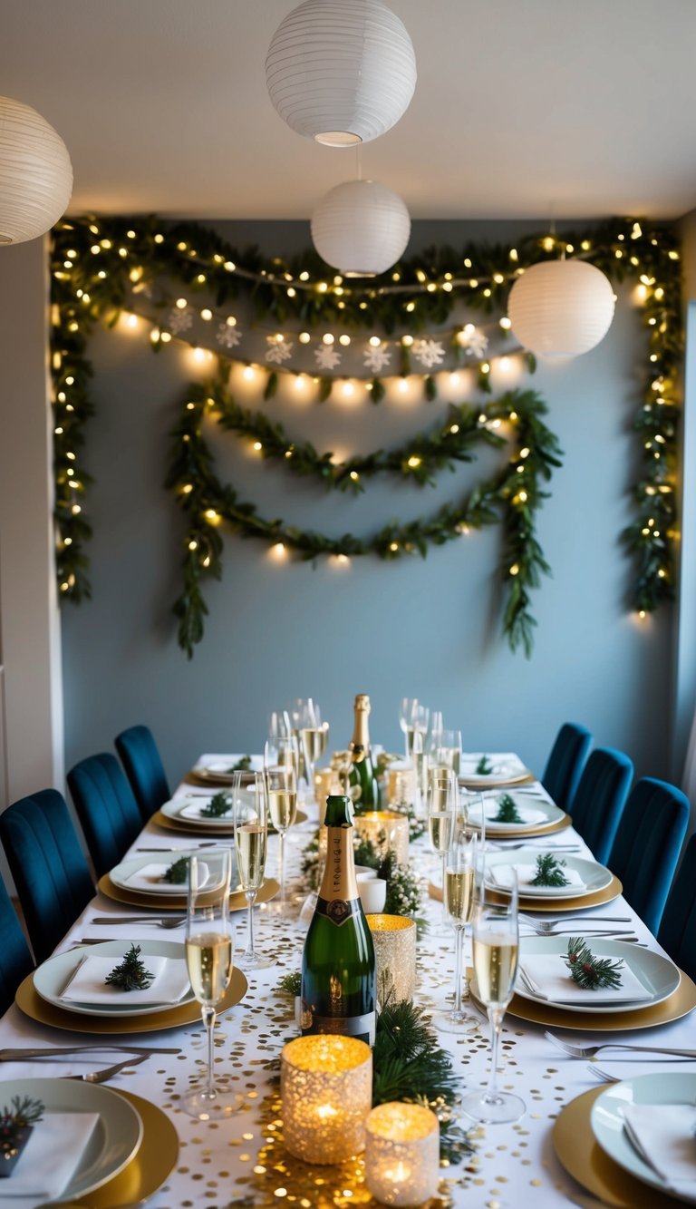 Festive dining room with wall and ceiling decor, including string lights, garlands, and paper lanterns. Sparkling table setting with champagne flutes and confetti