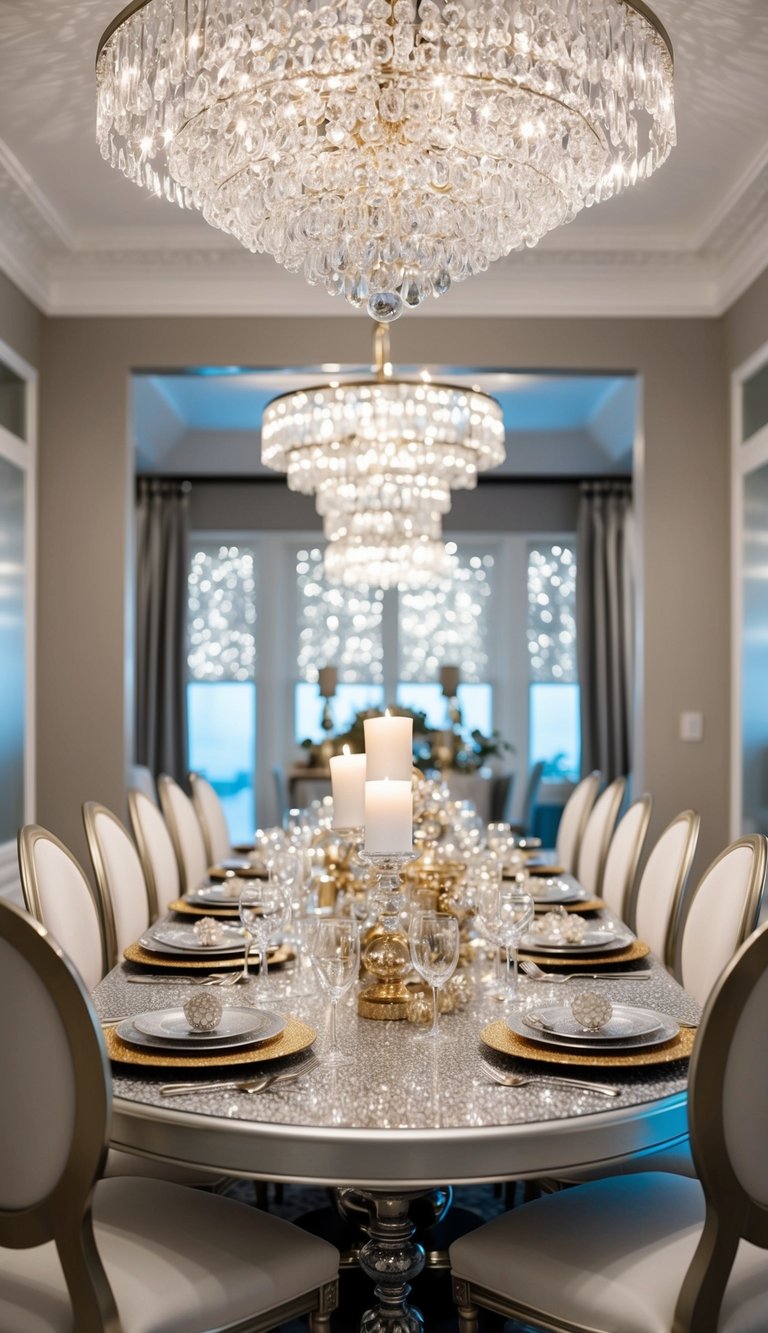 A dining room table adorned with sparkling silver and gold decorations, surrounded by elegant chairs and a shimmering chandelier overhead