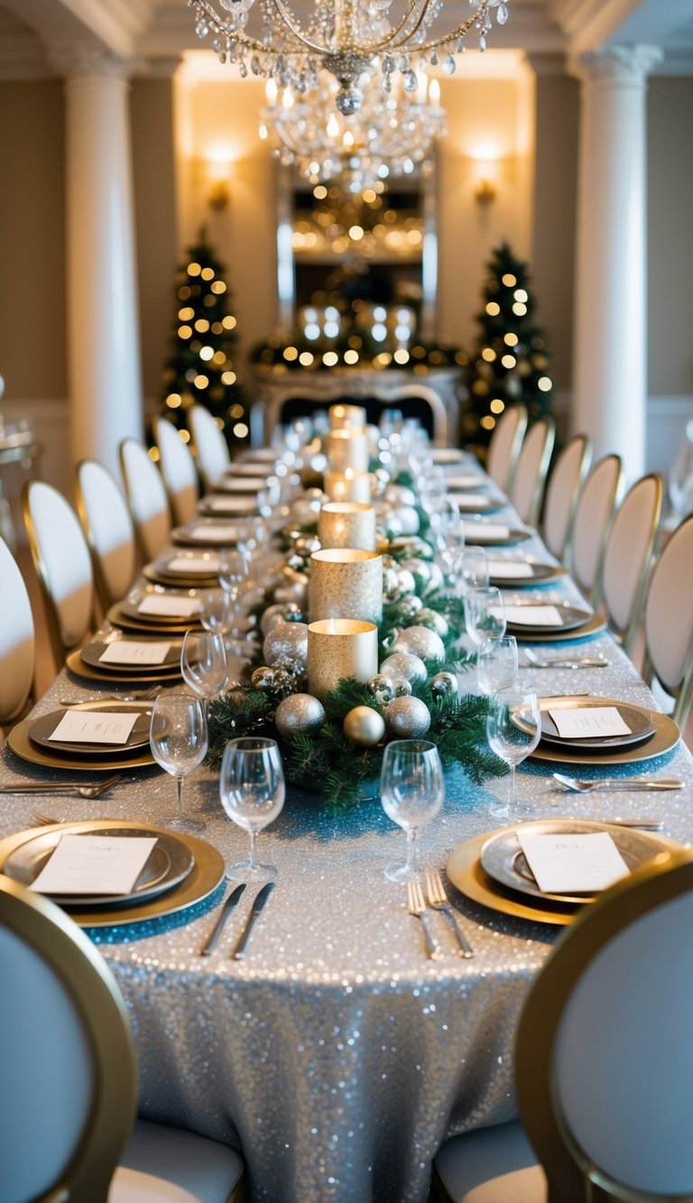 A dining table adorned with glittering silver and gold decorations, surrounded by elegant chairs and festive centerpieces