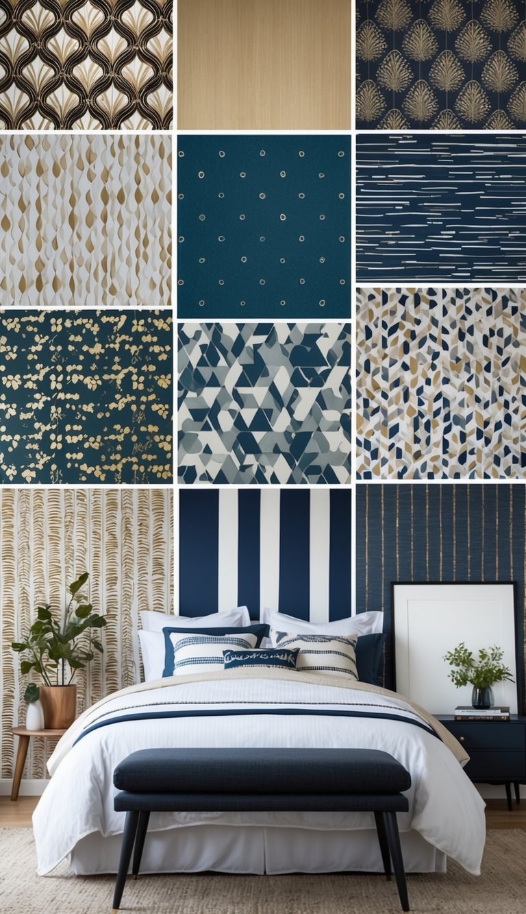 A bedroom with 15 different styles of wallpaper covering the walls, ranging from bold patterns to subtle textures