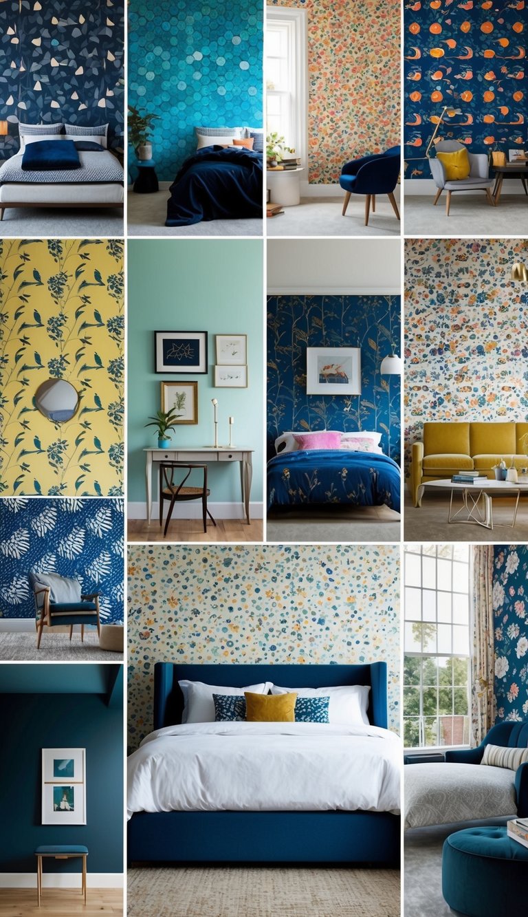 A bedroom with 15 different styles of wallpaper covering the walls, each showcasing a unique and vibrant design