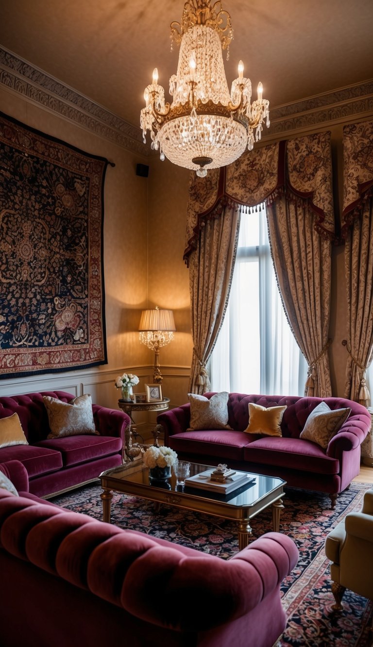 A cozy living room with Castlecore interior decor: plush velvet sofas, ornate chandeliers, and intricate tapestries. Rich, warm colors and elegant furnishings create a luxurious yet inviting atmosphere