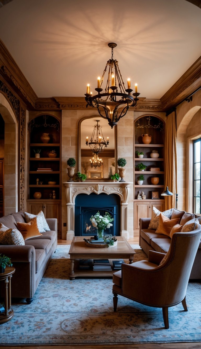 A cozy living room with Castlecore interior decor, featuring elegant furniture, warm earthy tones, and intricate detailing throughout the space