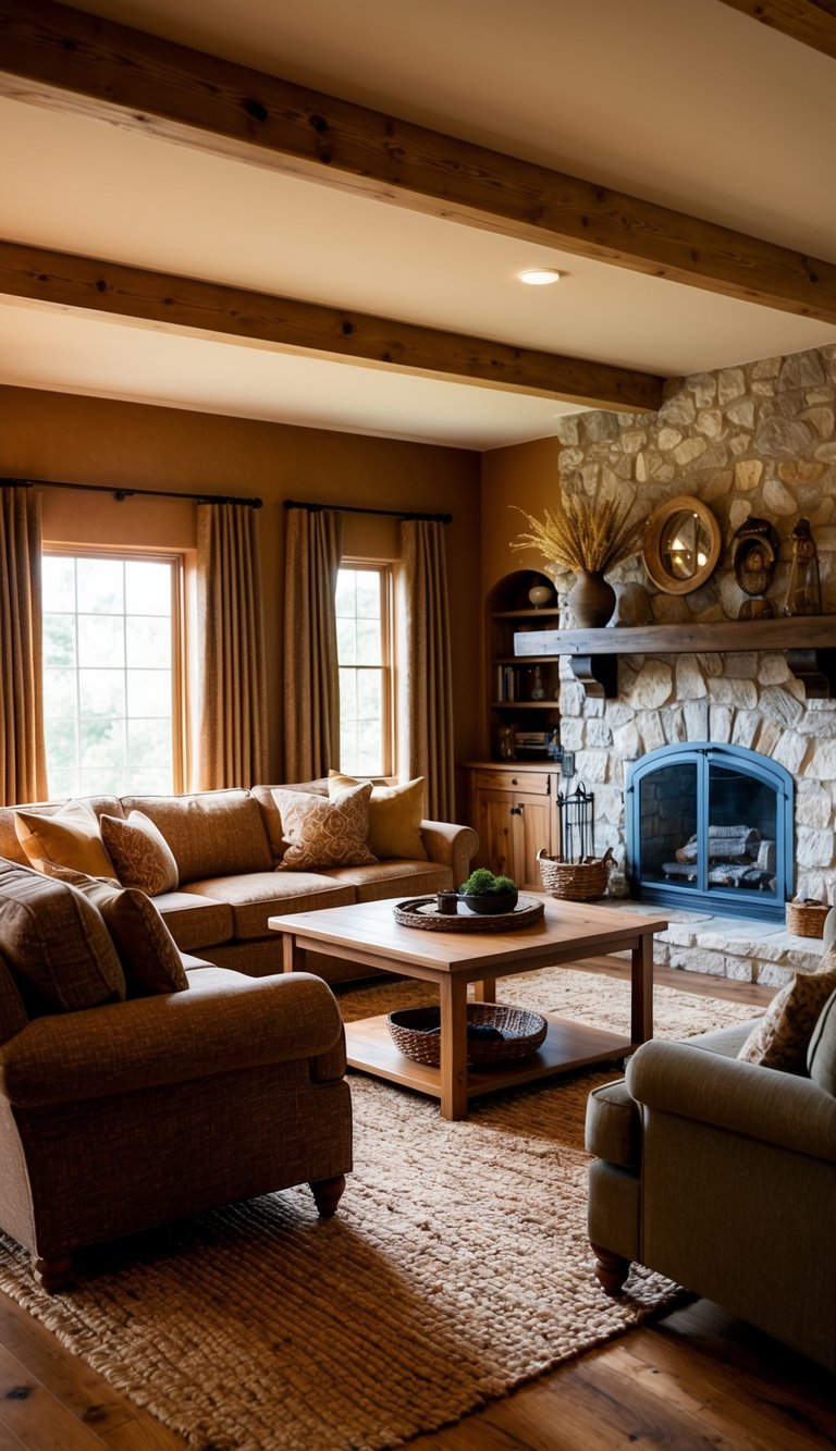 A cozy living room with warm earthy tones, wooden furniture, and textured fabrics. A stone fireplace adds a touch of medieval charm