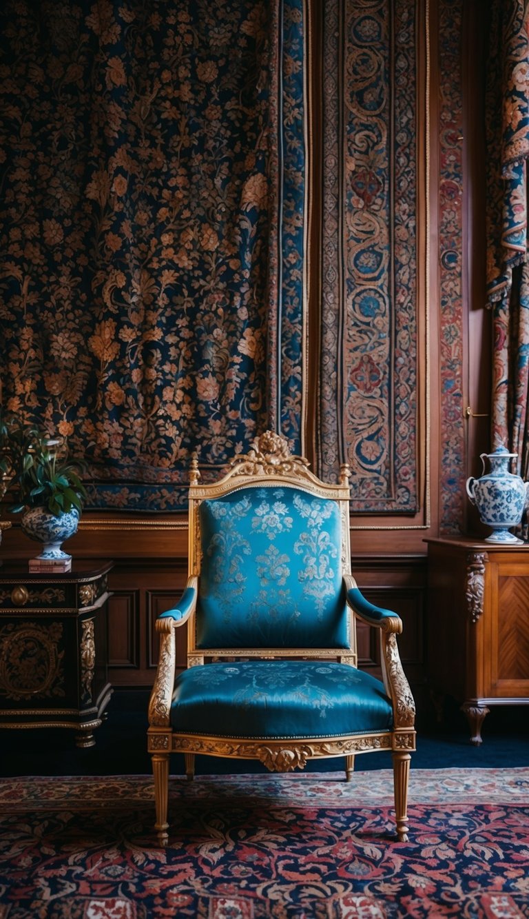 A grand, regal chair sits in a room adorned with ornate tapestries and antique furniture. The walls are adorned with rich, deep colors and intricate patterns, giving the space a luxurious and noble atmosphere