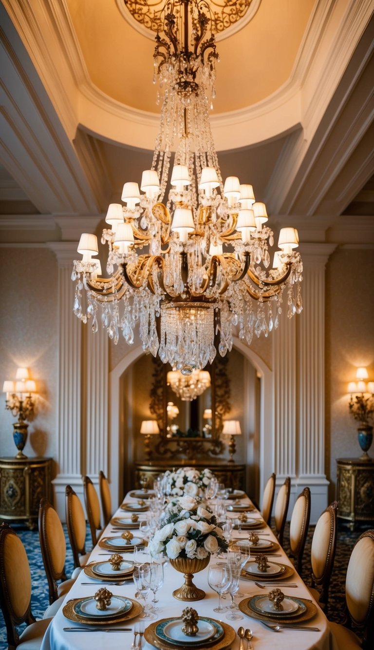 A grand, ornate castlecore chandelier hangs from a high ceiling, casting a warm glow over a regal dining table set with opulent dinnerware and elegant decorative accents