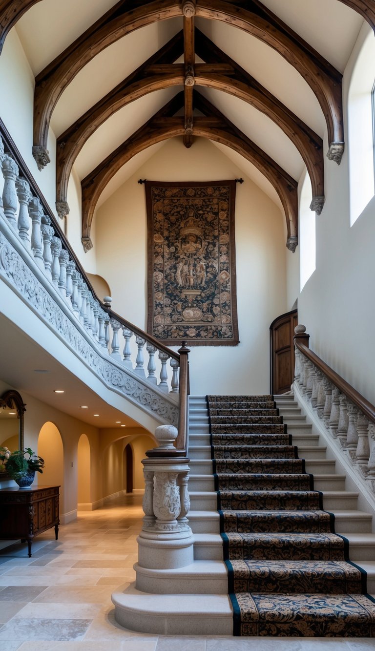 A grand staircase in a spacious foyer, adorned with intricate stone carvings and tapestries, leading to a vaulted ceiling with exposed wooden beams