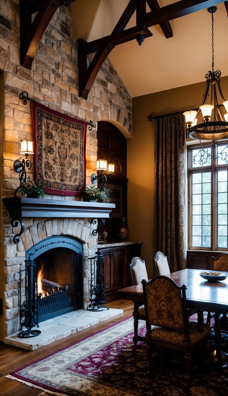 A cozy living room with stone accent walls, wrought iron fixtures, and tapestries. A fireplace with a medieval-style mantle and a large wooden dining table with ornate chairs