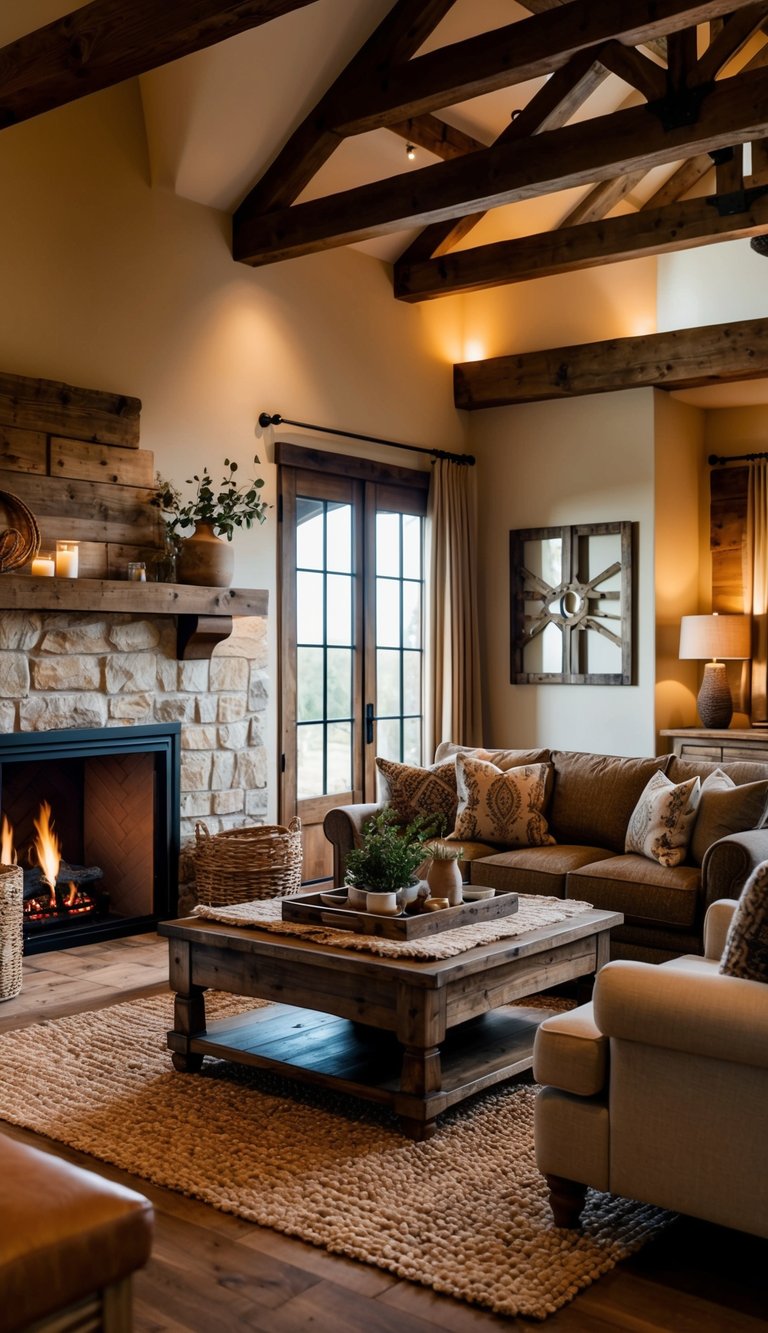 A cozy living room with Castlecore interior decor, featuring rustic wooden furniture, earthy tones, and natural textures. A fireplace and warm lighting create a welcoming atmosphere