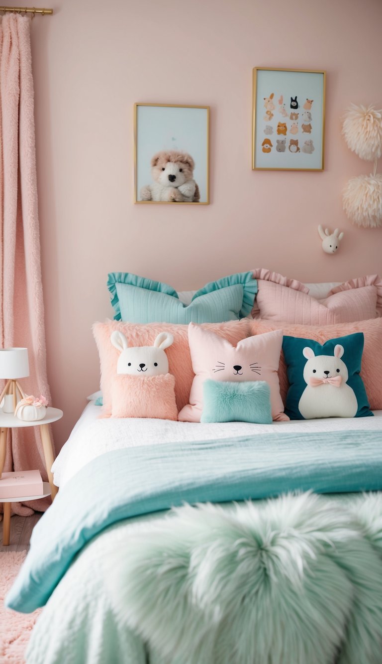 A cozy bedroom with pastel colors, plush pillows, and whimsical decor featuring cute animals and soft, fluffy textures