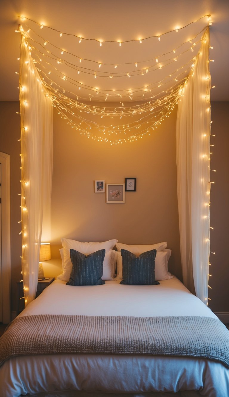 A cozy bedroom with a fairy light canopy draped across the ceiling, creating a warm and whimsical atmosphere