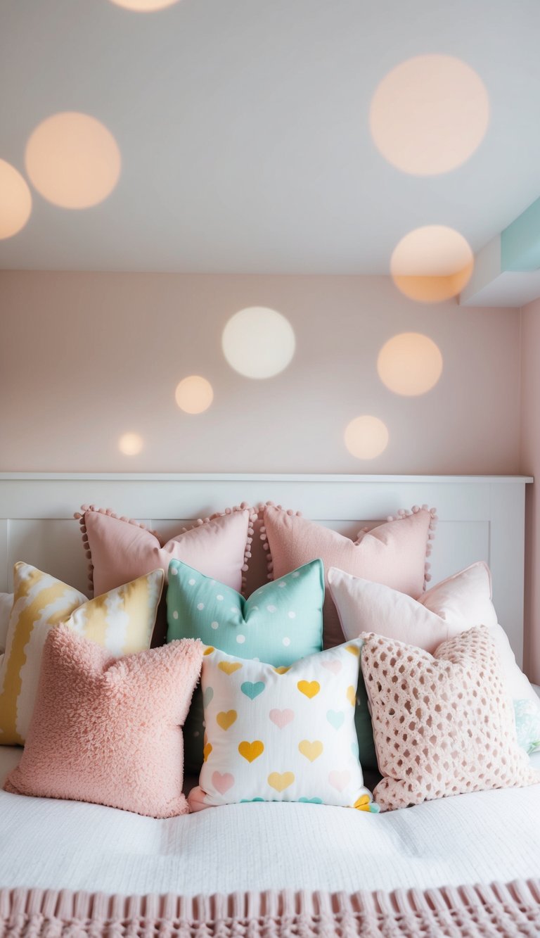 A cozy bedroom with pastel throw pillows arranged in various cute patterns and styles, adding a touch of cutecore to the decor