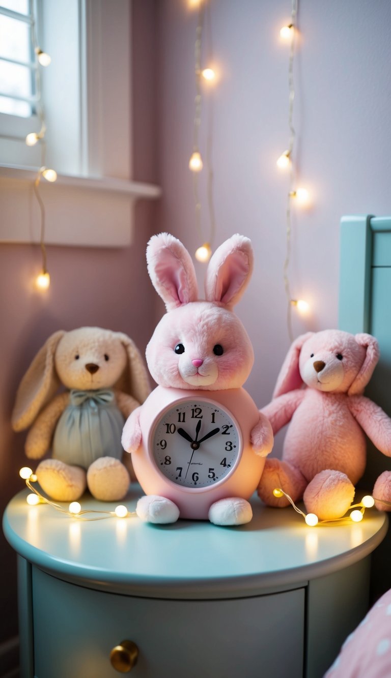 A fluffy bunny-shaped alarm clock sits on a pastel-colored bedside table surrounded by plush toys and fairy lights, adding a touch of cuteness to the bedroom