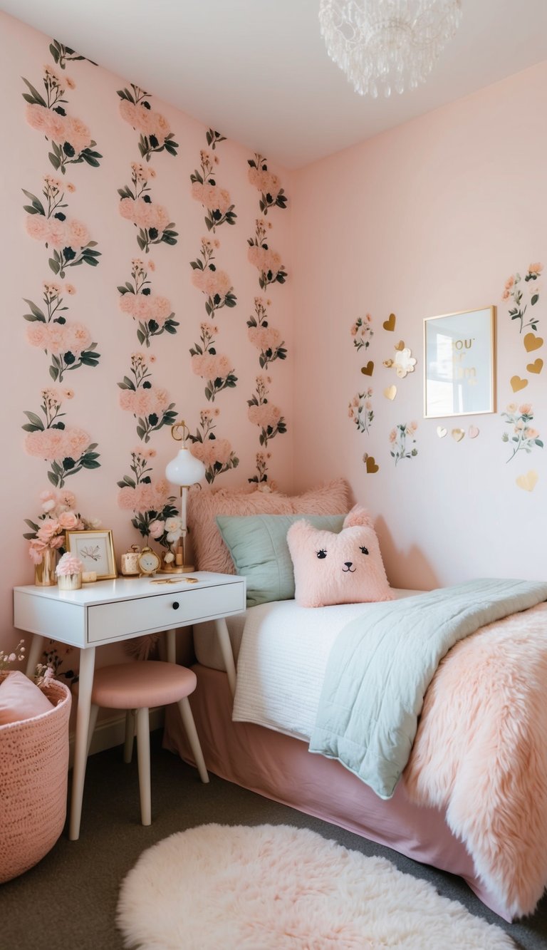 A cozy bedroom with floral wall decals, pastel colors, and soft, fluffy bedding. A small desk with cute trinkets and a plush rug complete the cutecore aesthetic