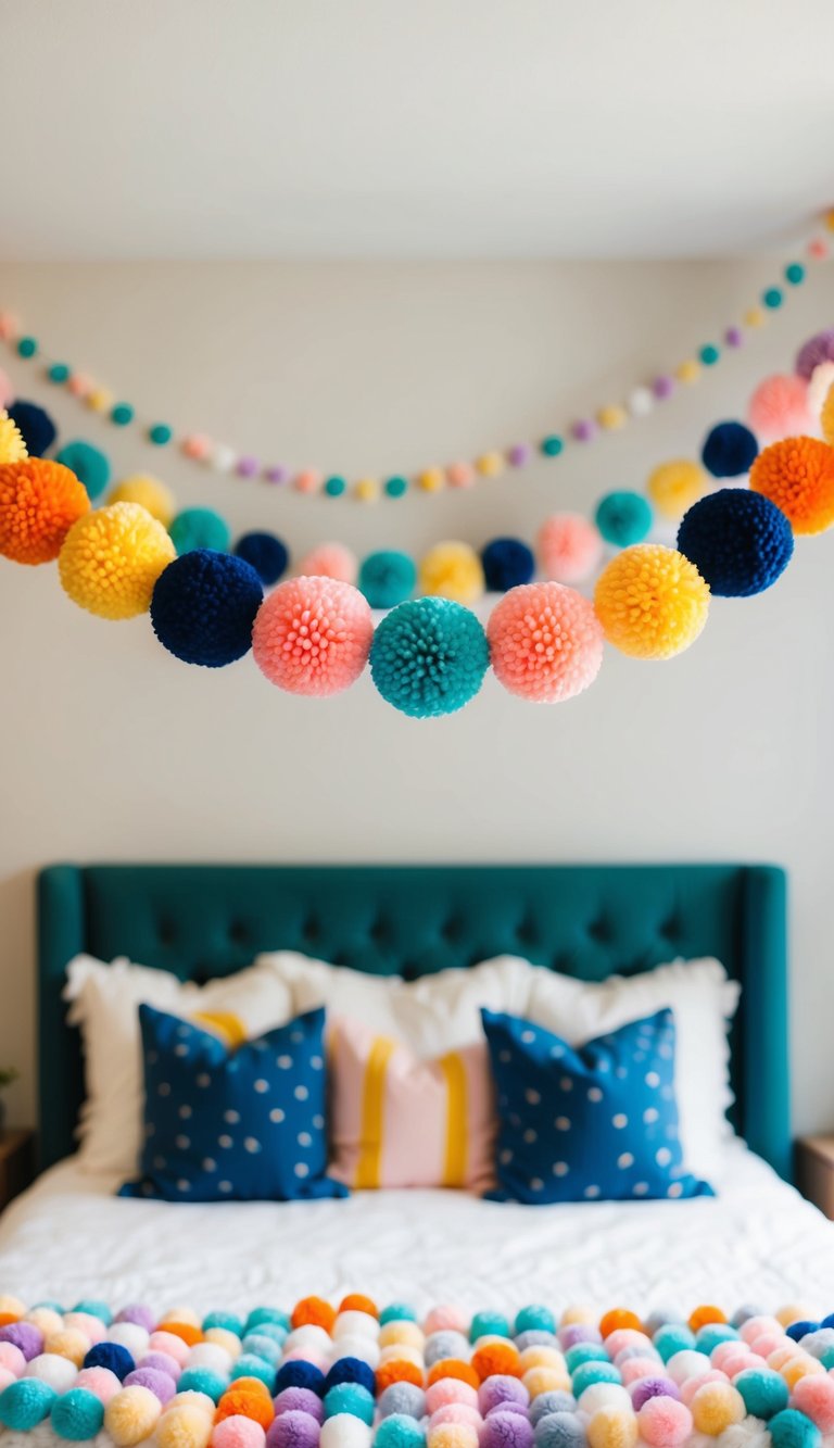 A colorful pom-pom garland hangs above a cozy bed, adding a touch of cutecore to the bedroom decor