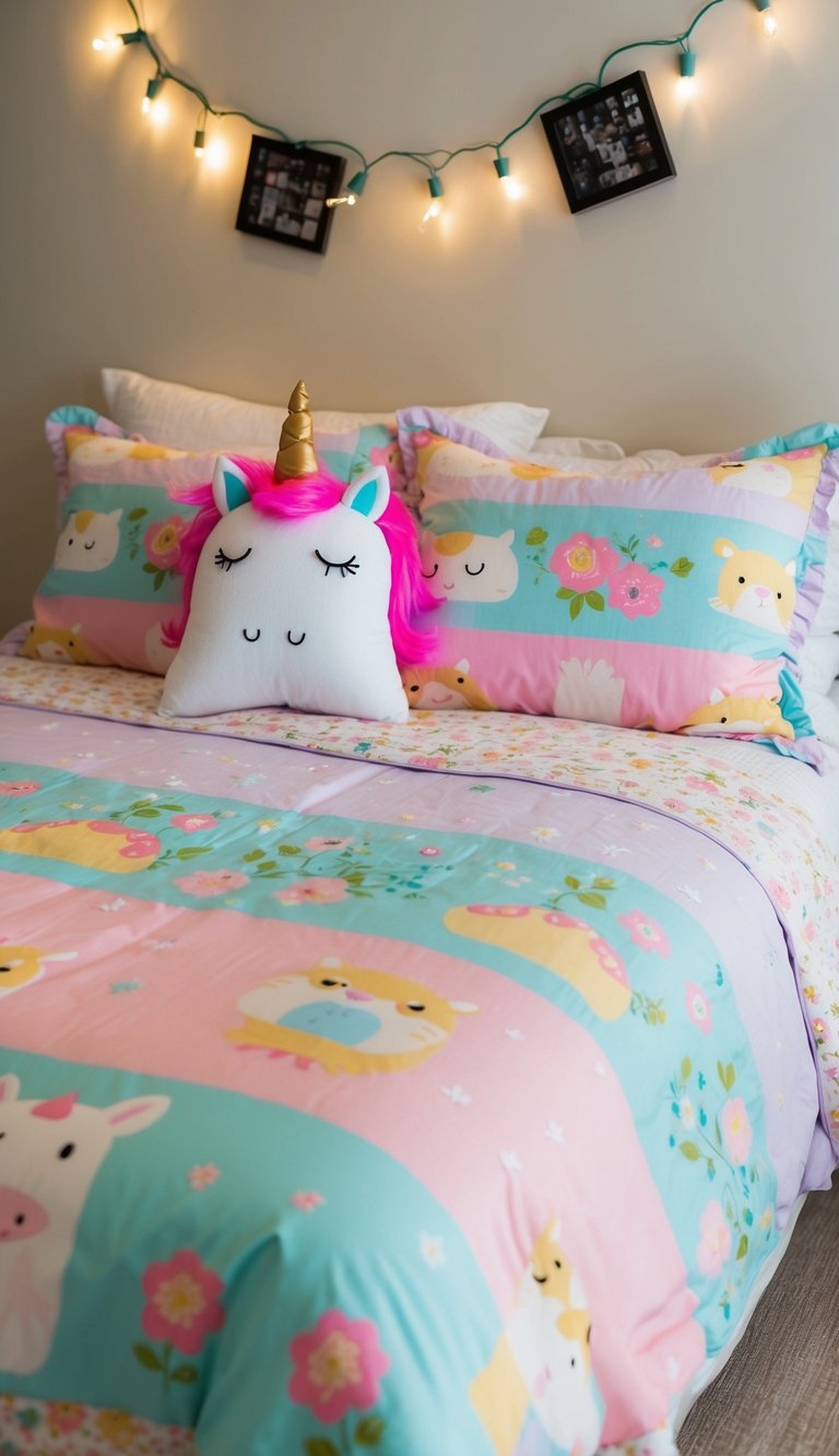 A cozy bed with a whimsical bedspread featuring pastel colors, cute animal prints, and floral patterns. A plush unicorn pillow and fairy lights complete the cutecore bedroom aesthetic