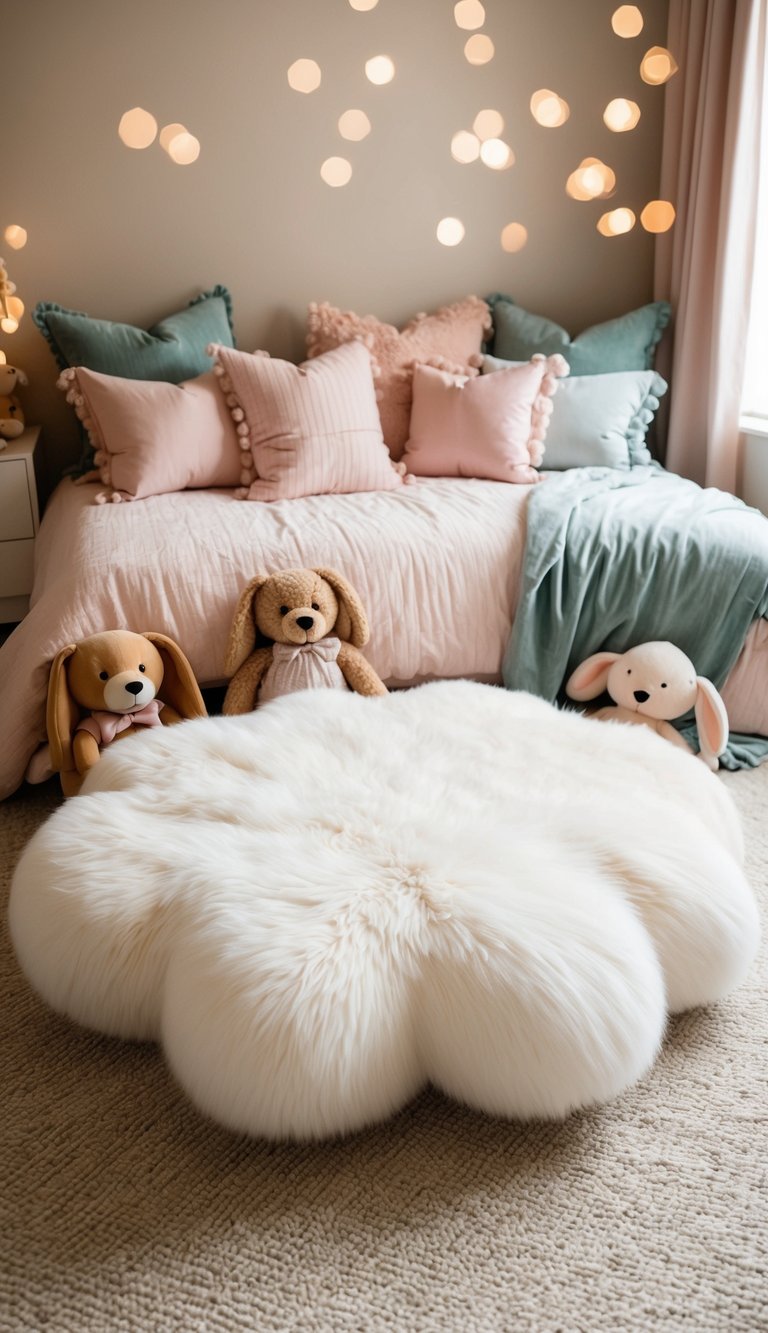 A fluffy cloud-shaped rug sits in the center of a cozy bedroom, surrounded by pastel-colored pillows and stuffed animals