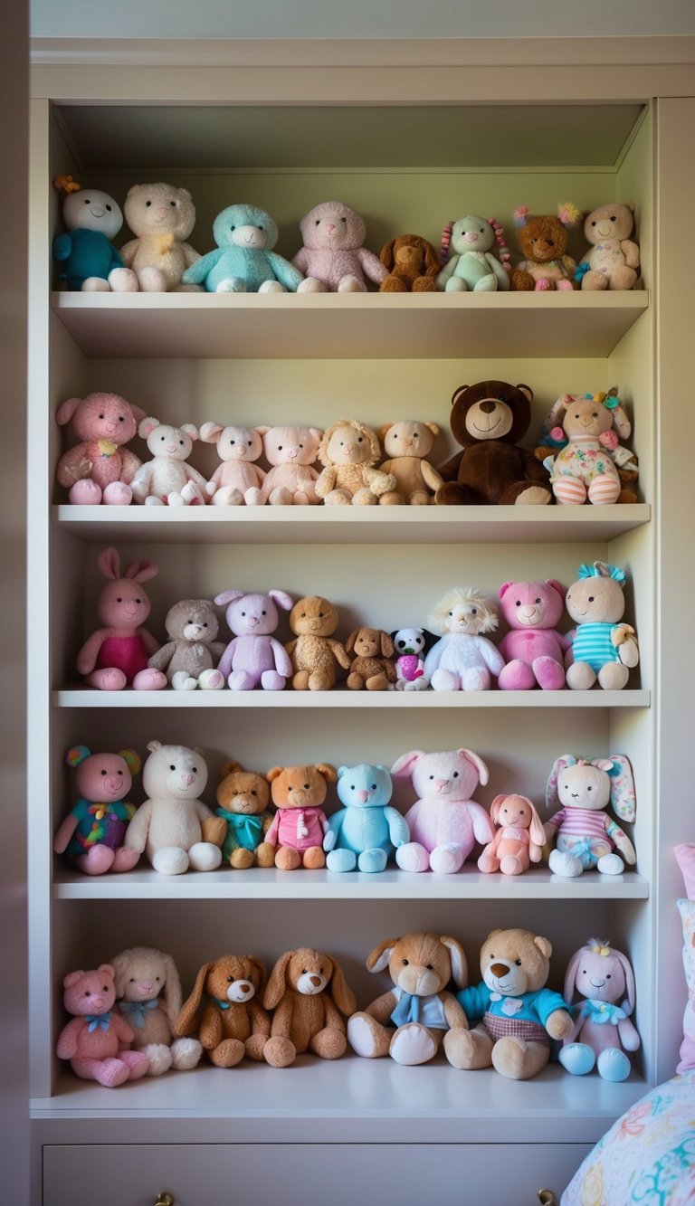 A cozy bedroom with shelves filled with a variety of adorable plush toys in different sizes, shapes, and colors. Soft pastel colors and whimsical patterns decorate the room