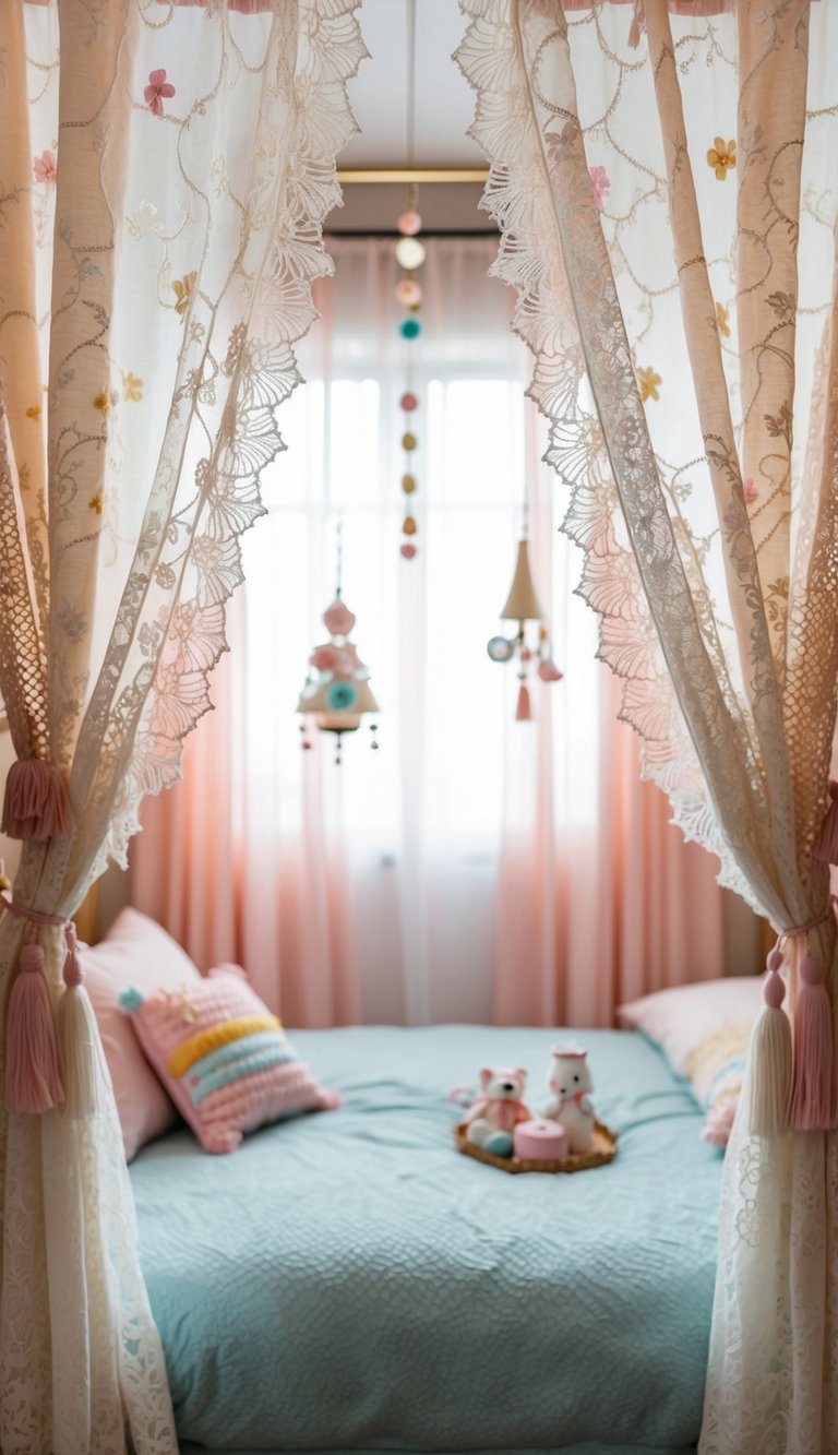 Delicate lace curtains frame a cozy bedroom with pastel accents and whimsical decor