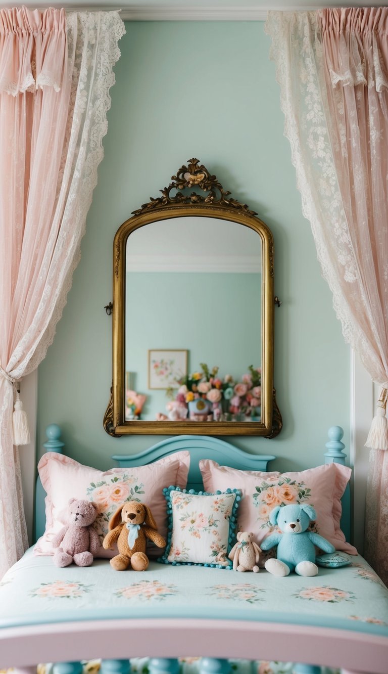 A vintage-inspired mirror hangs above a pastel-colored bed adorned with plush toys, floral prints, and delicate lace curtains