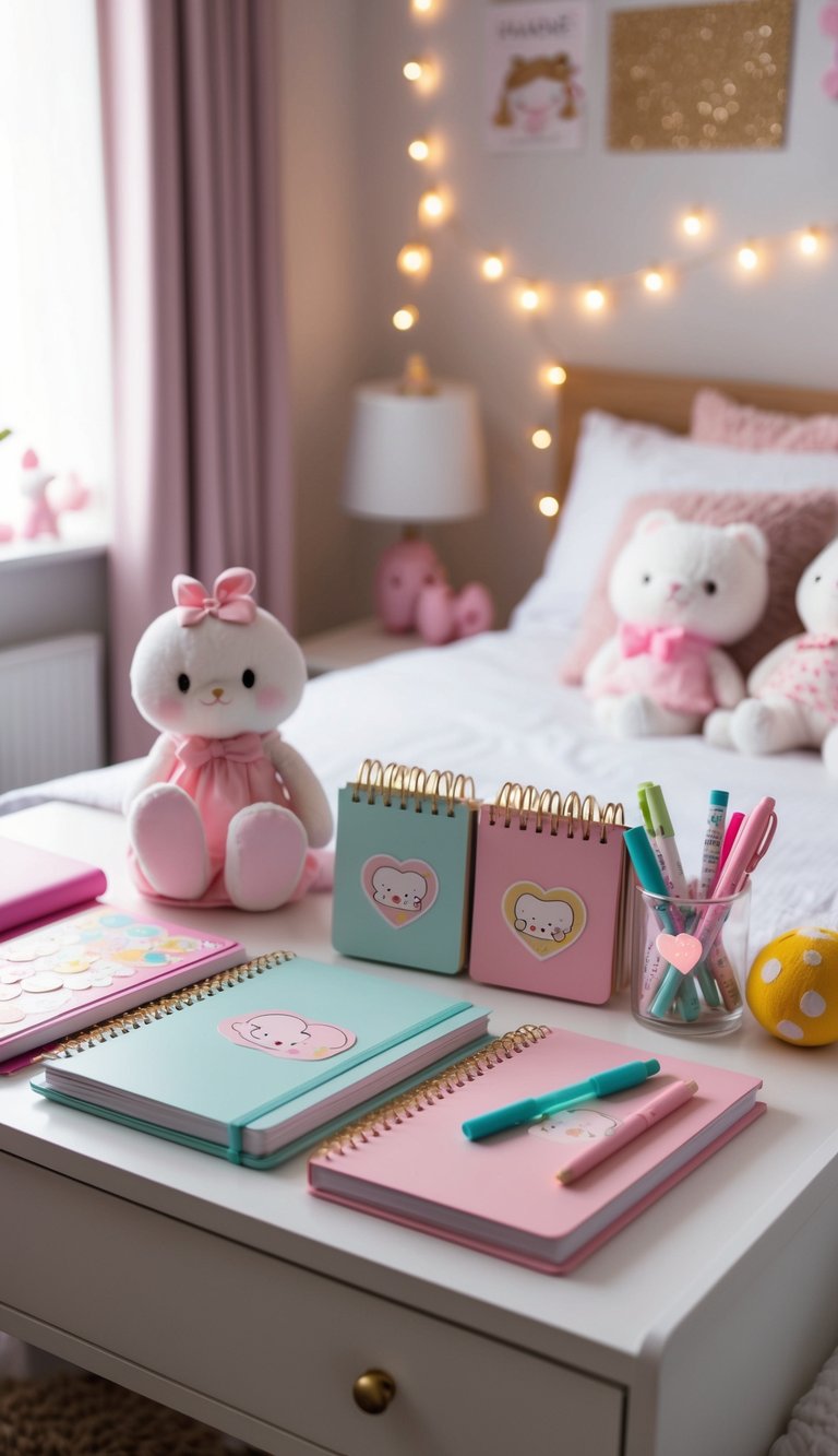 A cozy bedroom with a kawaii stationery set on a desk, featuring pastel-colored notebooks, pens, and stickers, alongside plush toys and fairy lights