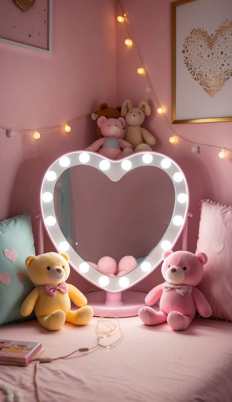 A heart-shaped vanity mirror surrounded by pastel-colored pillows, plush toys, and fairy lights, creating a cutecore bedroom aesthetic