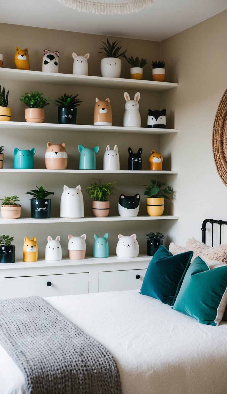 A cozy bedroom with shelves filled with adorable animal-shaped planters in various styles and sizes, adding a touch of cuteness to the room