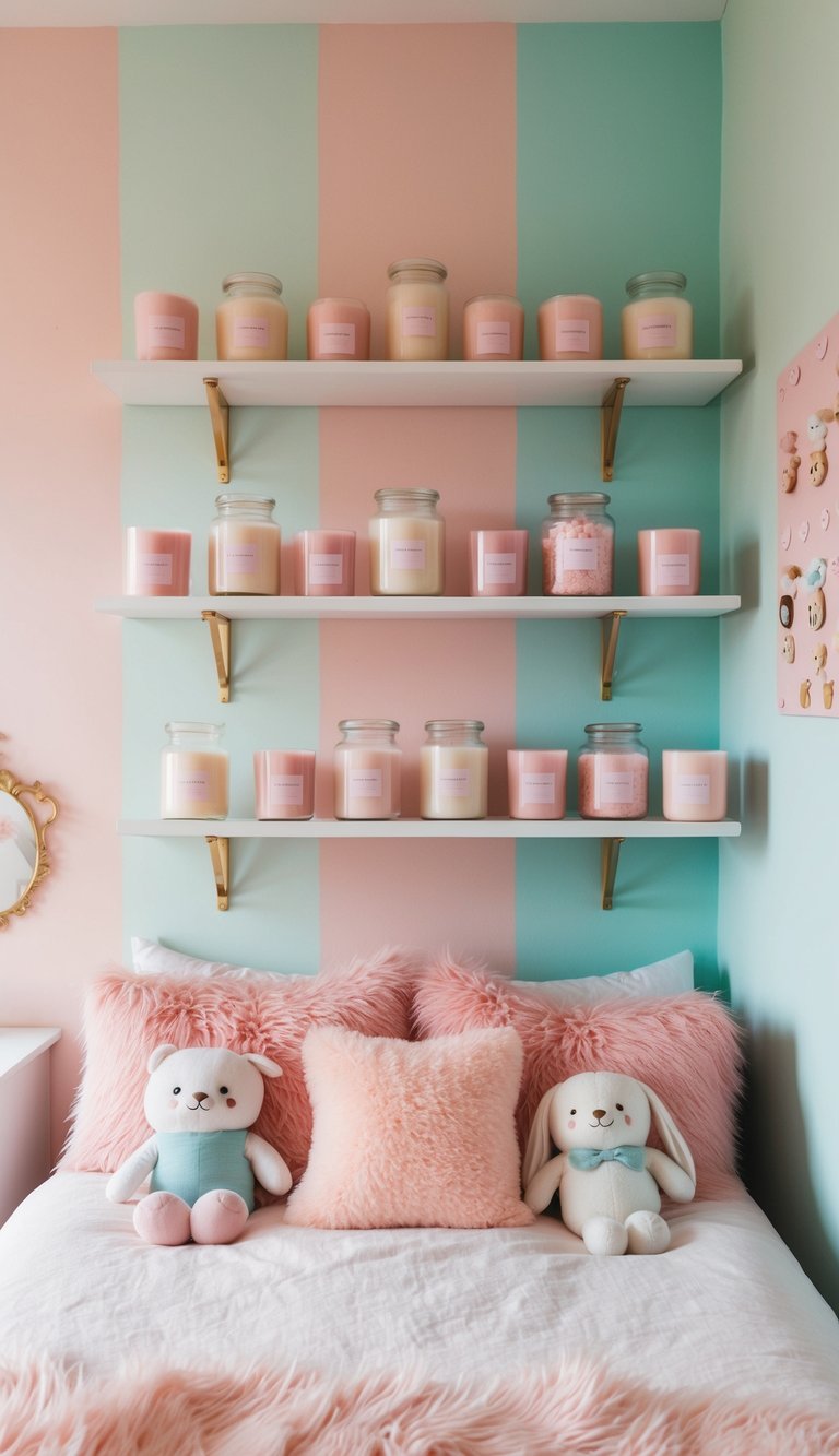 A cozy bedroom with pastel-colored walls and shelves filled with sugar-scented candles. A fluffy pink bedspread and cute plushies complete the cutecore aesthetic