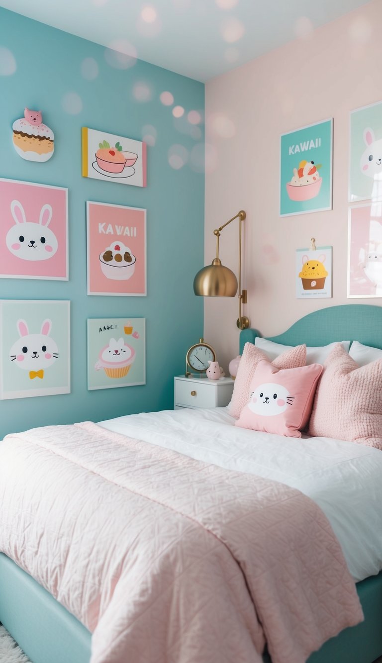 A cozy bedroom with pastel-colored walls, adorned with adorable kawaii wall art prints featuring cute animals, food, and objects