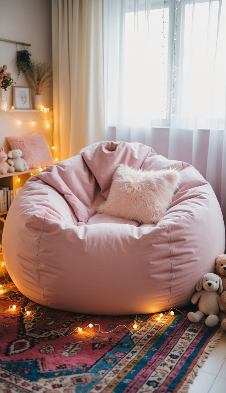 A fluffy oversized bean bag surrounded by pastel pillows and stuffed animals, with twinkling fairy lights and a colorful rug, creating a cozy cutecore bedroom vibe