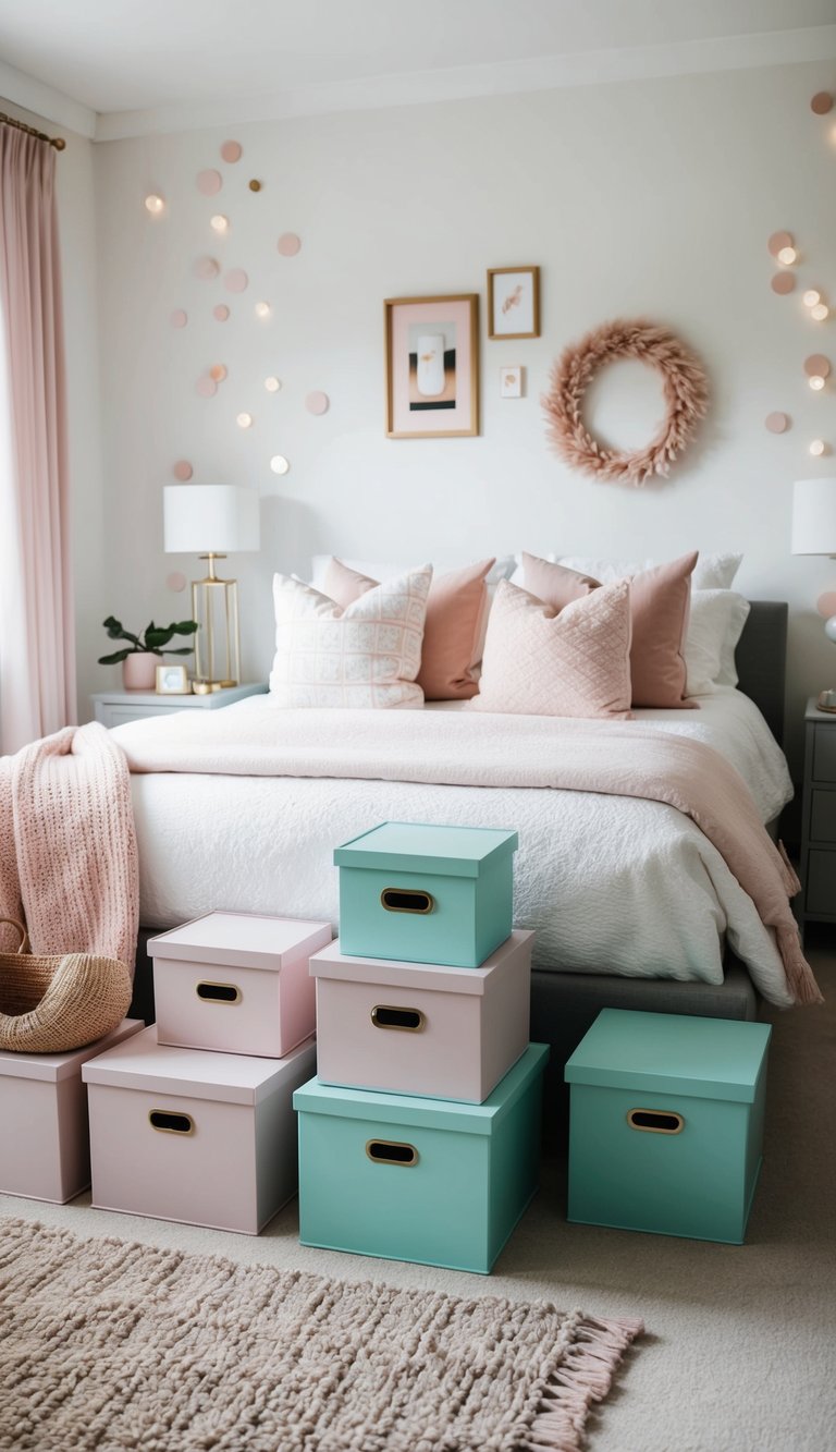 A cozy bedroom with chic pastel storage boxes arranged in various ways, adding a touch of cutecore aesthetic to the room