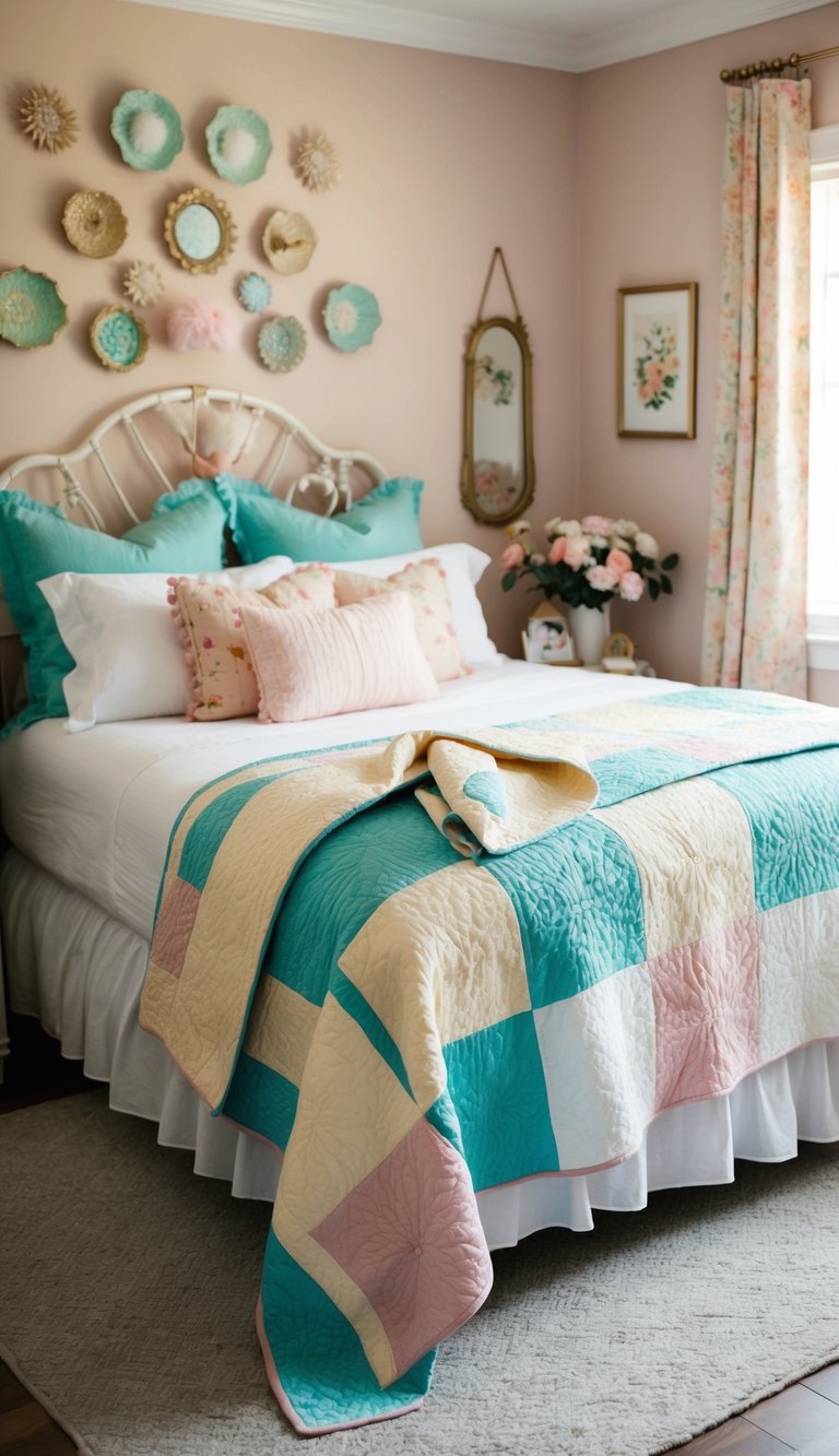 A cozy bedroom with a cottagecore-inspired quilt draped over a bed, surrounded by whimsical decor and soft pastel colors