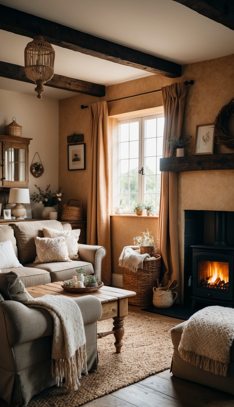 A rustic cottage living room with warm tones, soft blankets, and vintage decor. A crackling fireplace adds a cozy touch