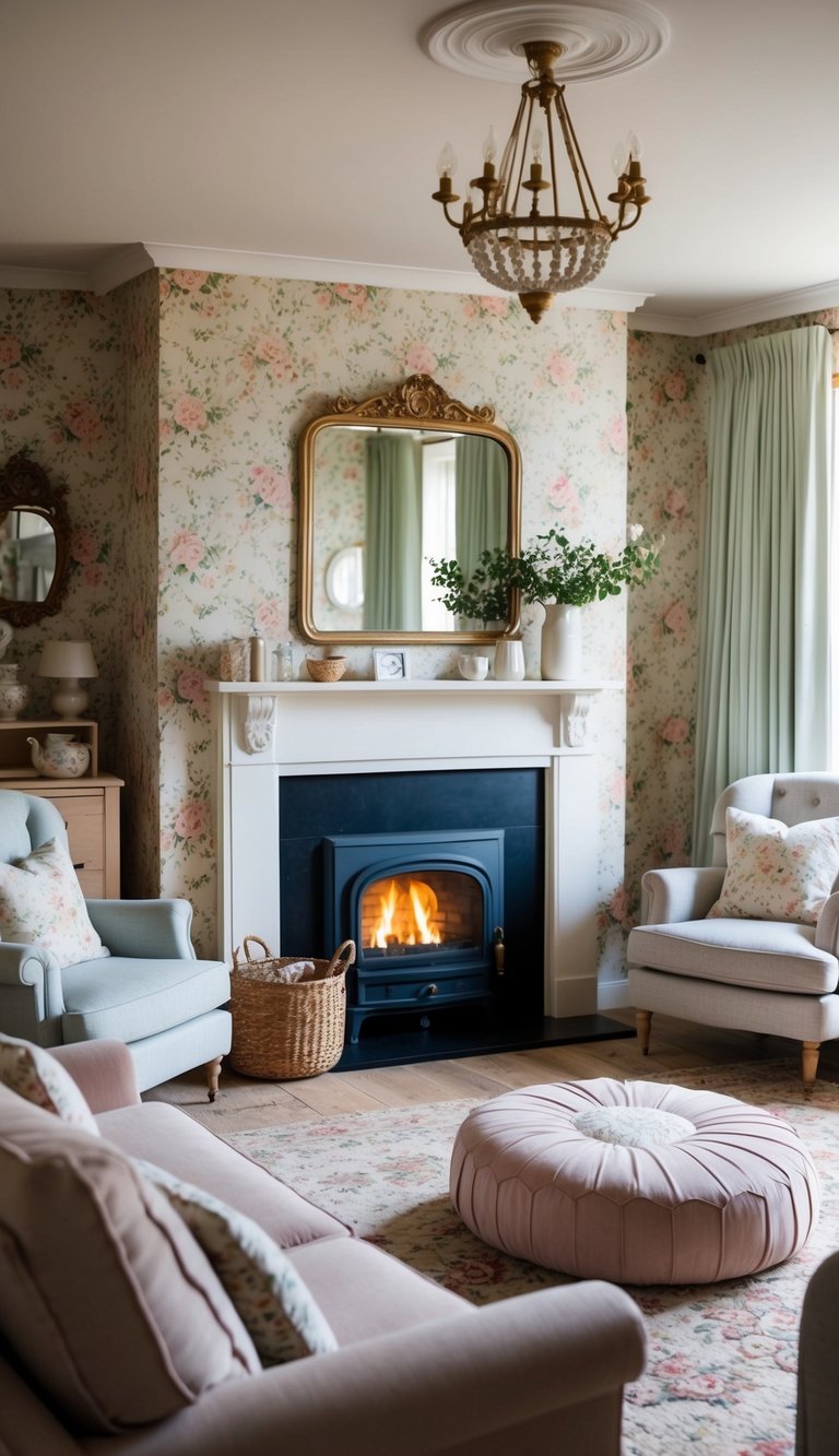 A cozy living room with vintage floral wallpaper, soft pastel colors, and rustic cottagecore decor. A warm fireplace and comfy armchairs complete the inviting scene