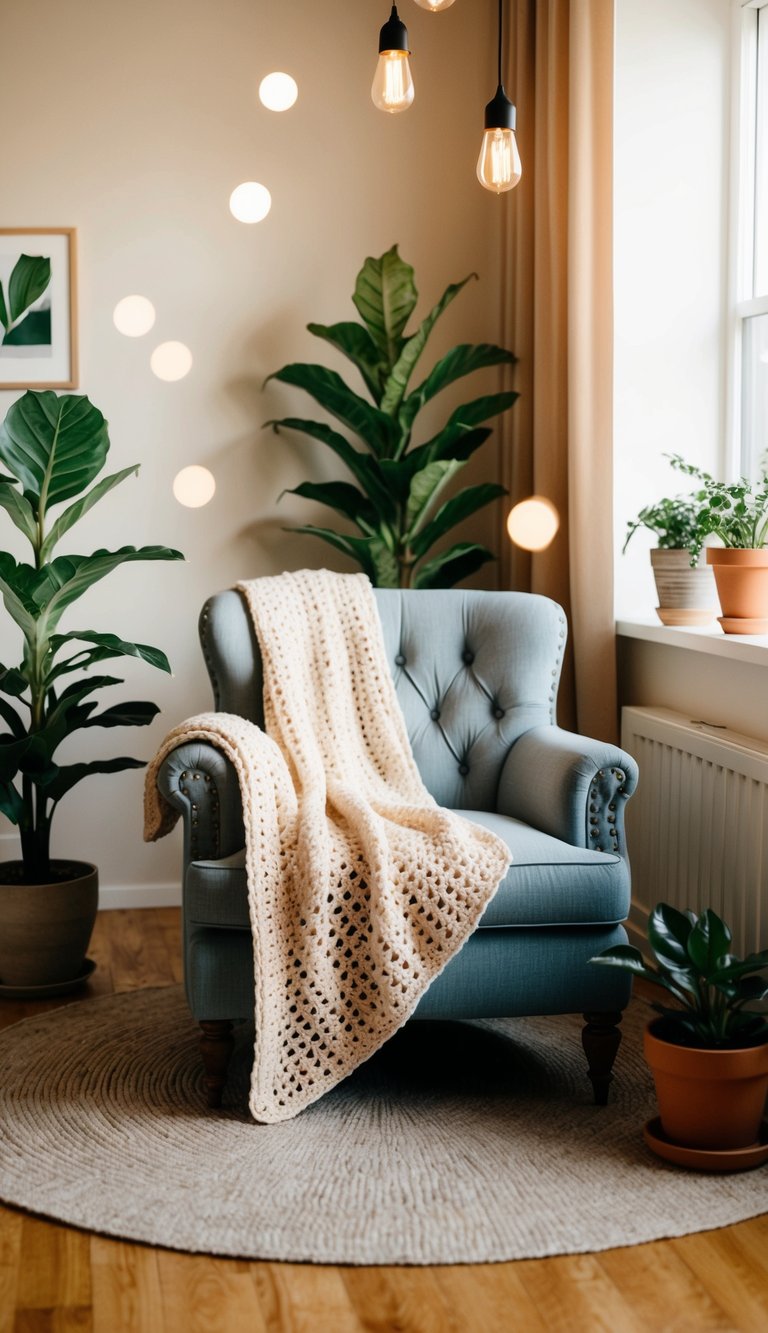 A cozy living room with a handmade crochet throw draped over a vintage armchair, surrounded by potted plants and soft, warm lighting