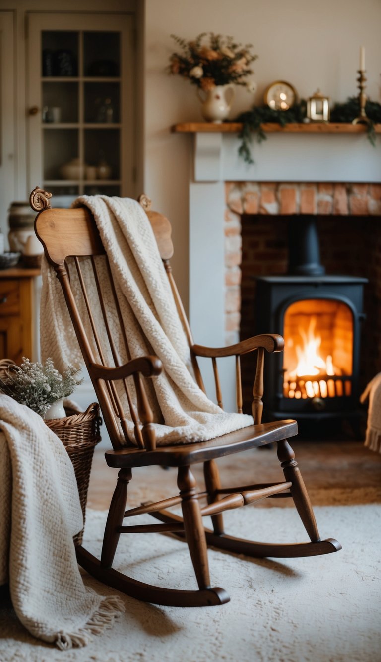 An antique wooden rocking chair sits by a crackling fireplace in a cozy cottage, surrounded by soft blankets and vintage decor