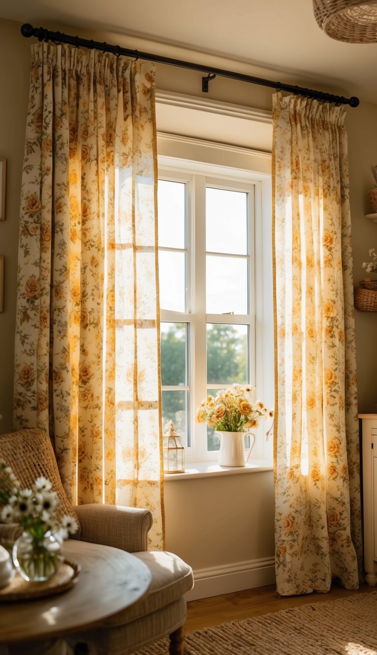 Sunlight streams through floral curtains, casting a warm glow on cozy cottagecore decor. A quaint, inviting home awaits