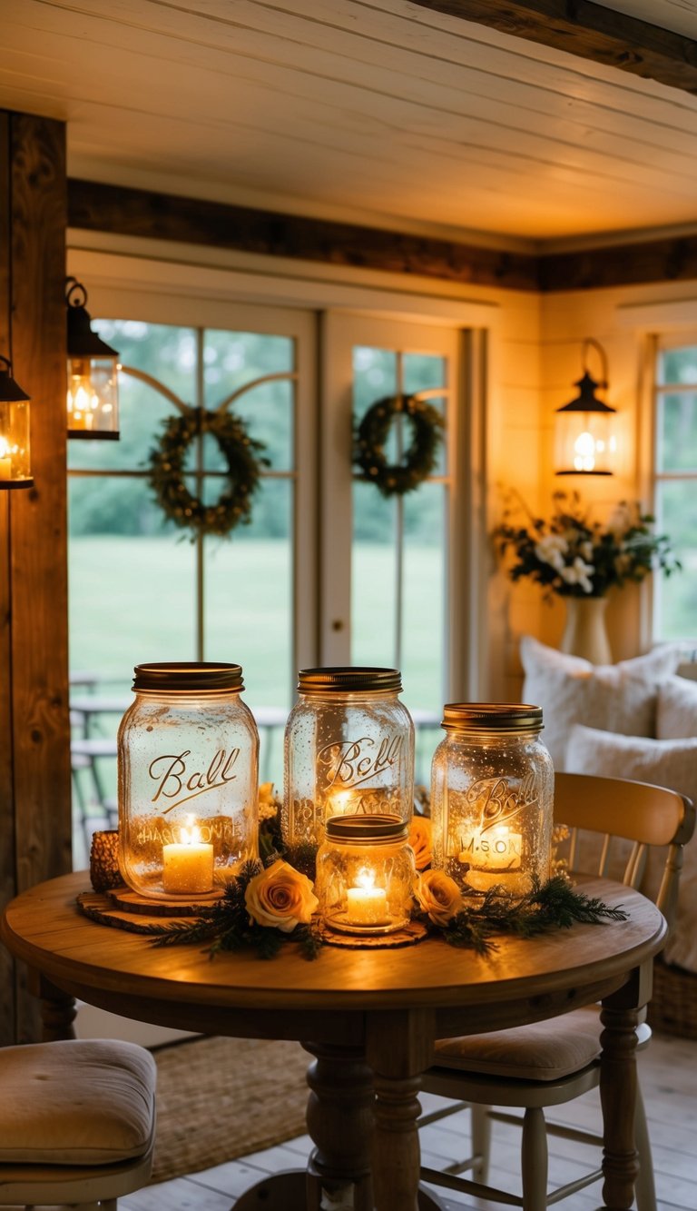 A cozy cottage interior with mason jar lanterns casting a warm glow on rustic decor and floral accents