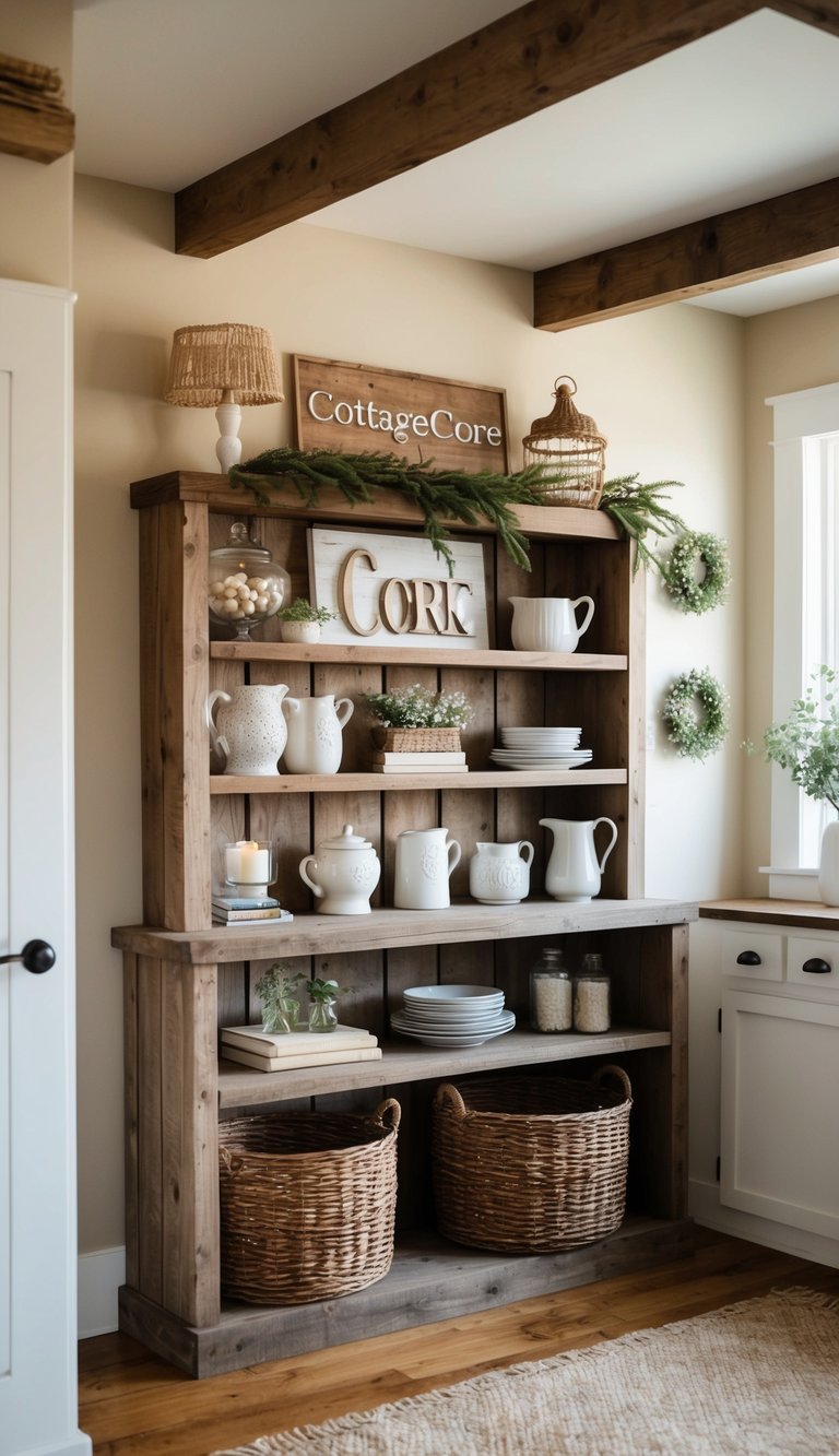 A rustic wooden shelf adorned with cottagecore decor, evoking a cozy and warm home atmosphere