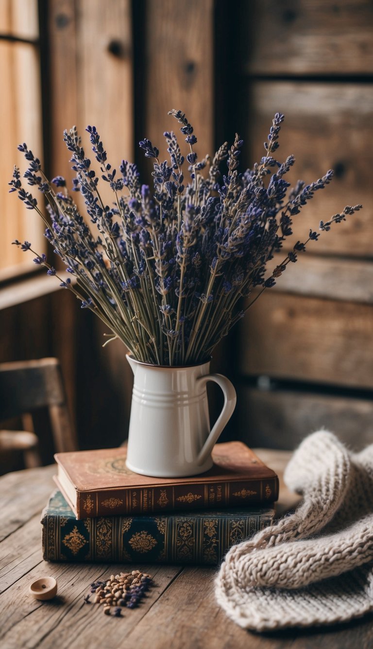 A rustic table with a dried lavender bouquet, vintage books, and a warm knit blanket, creating a cozy cottagecore atmosphere