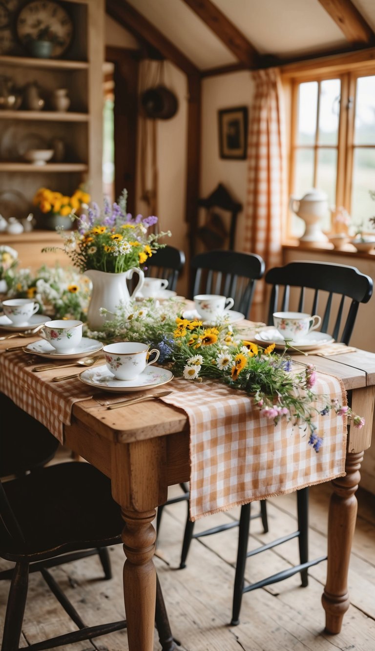 A rustic wooden table with a gingham tablecloth, adorned with wildflowers and vintage teacups, set in a cozy cottage surrounded by warm, inviting decor