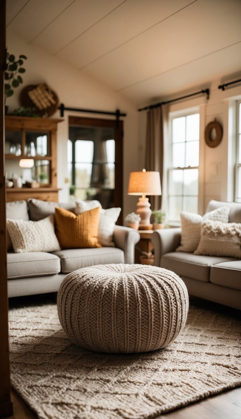 A cozy cottage living room with a knitted pouf ottoman, warm lighting, and rustic decor