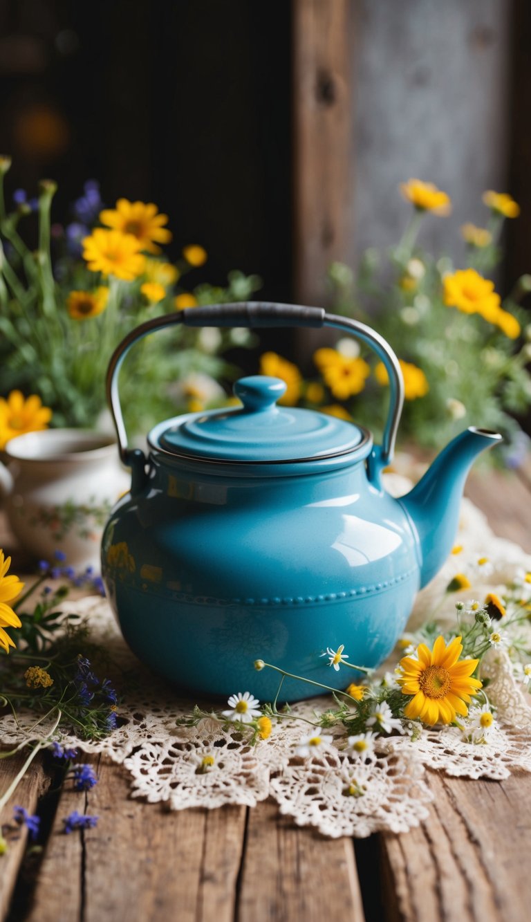 A rustic enamelware teapot sits on a wooden table surrounded by wildflowers and vintage lace, evoking a cozy cottagecore atmosphere